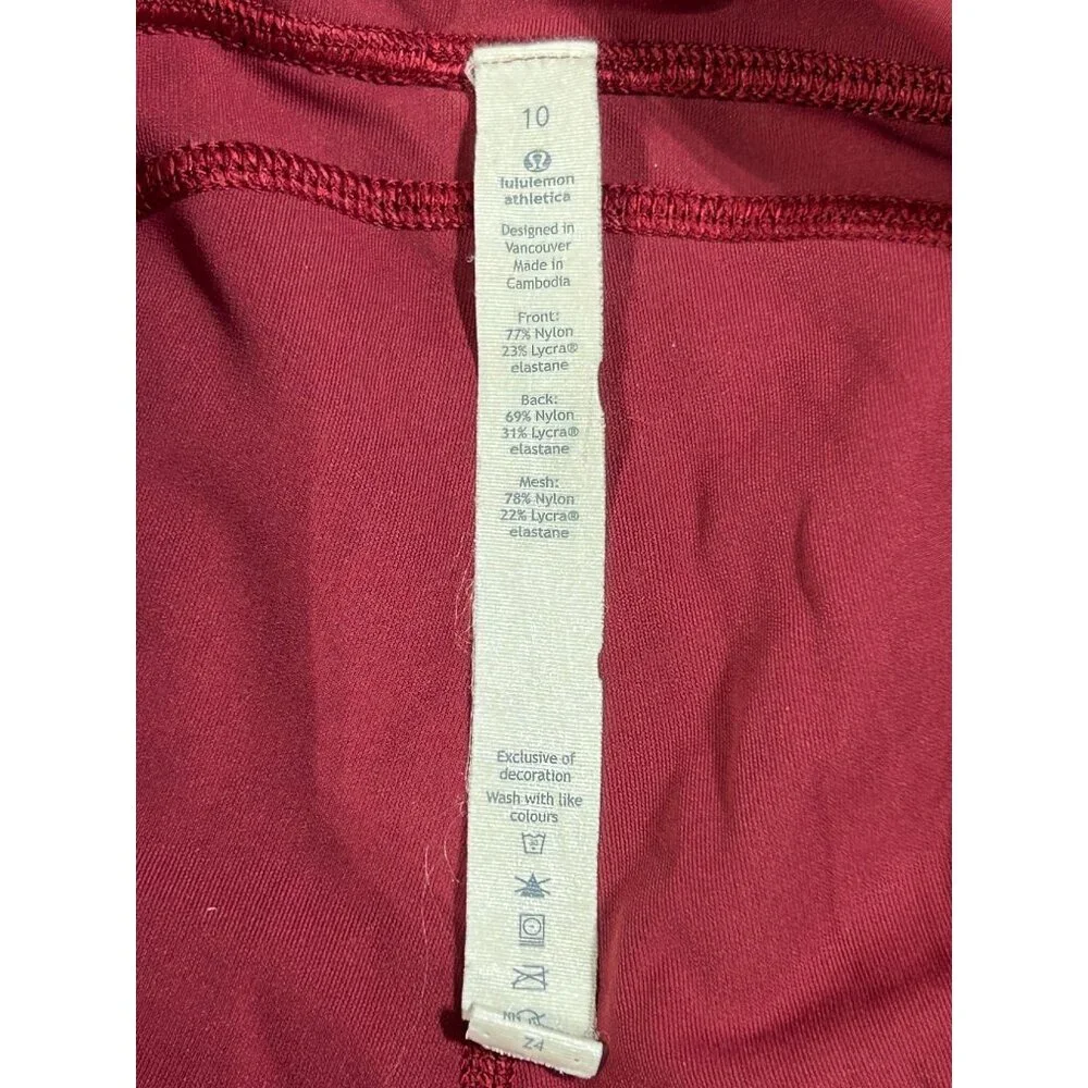 Lululemon Athletica Women's Burgundy Mid-Rise Mesh Panel Leggings Size 10 3086 - Picture 8 of 10